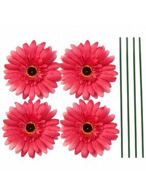 Pink Artificial Gerbera Daisies Set of 4, 4 Inch Silk Flower Heads with 15 Inch